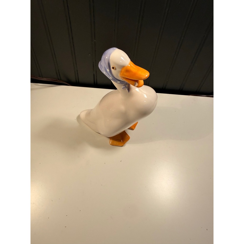 Vintage New Trends Ceramic Duck Figurine Blue Polka Dot Scarf Goose Taiwan 8.5"